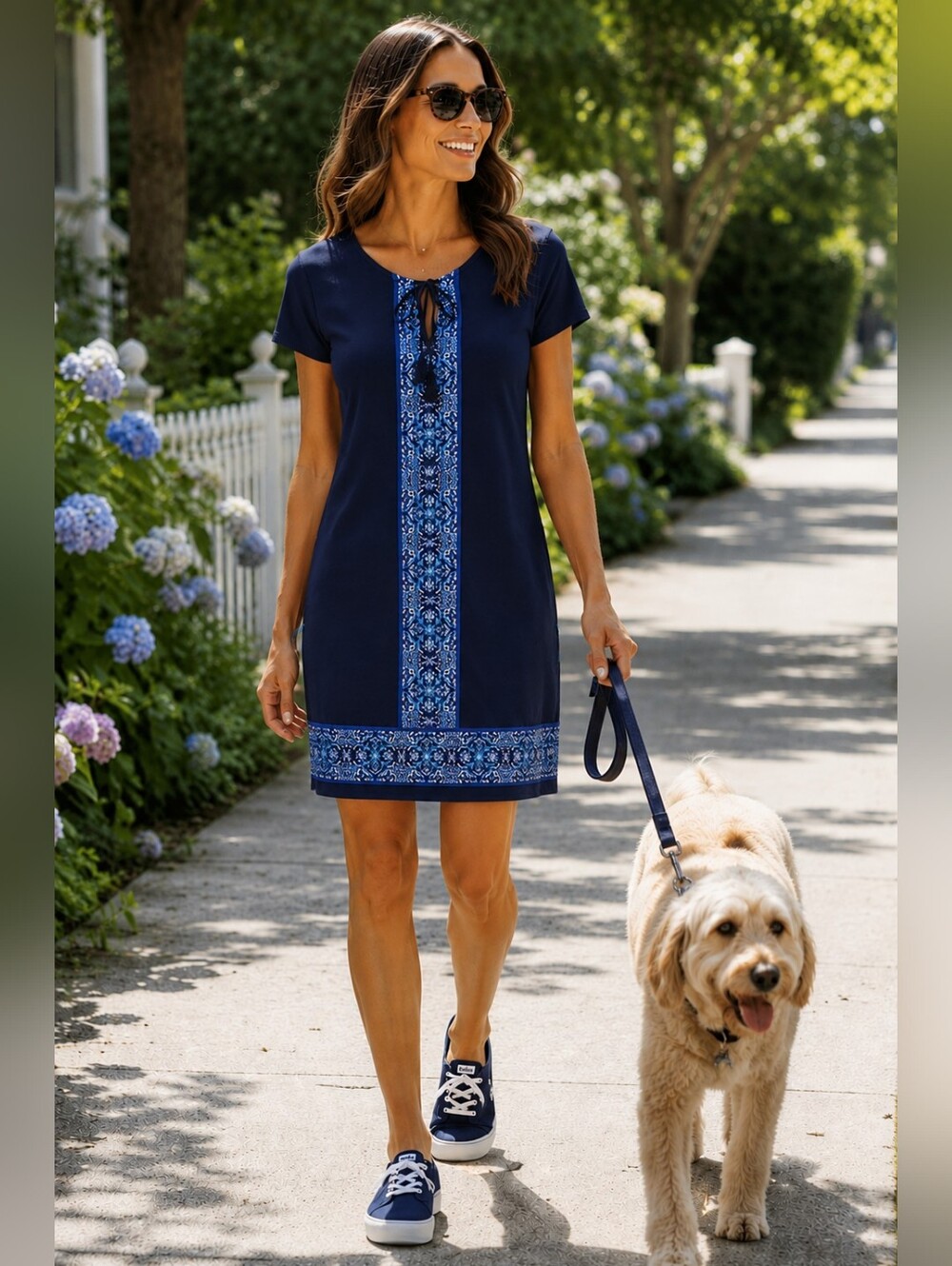 Lands’ End Women’s Sport Swim Dress Cover Up Navy Blue Print Medium 10/12